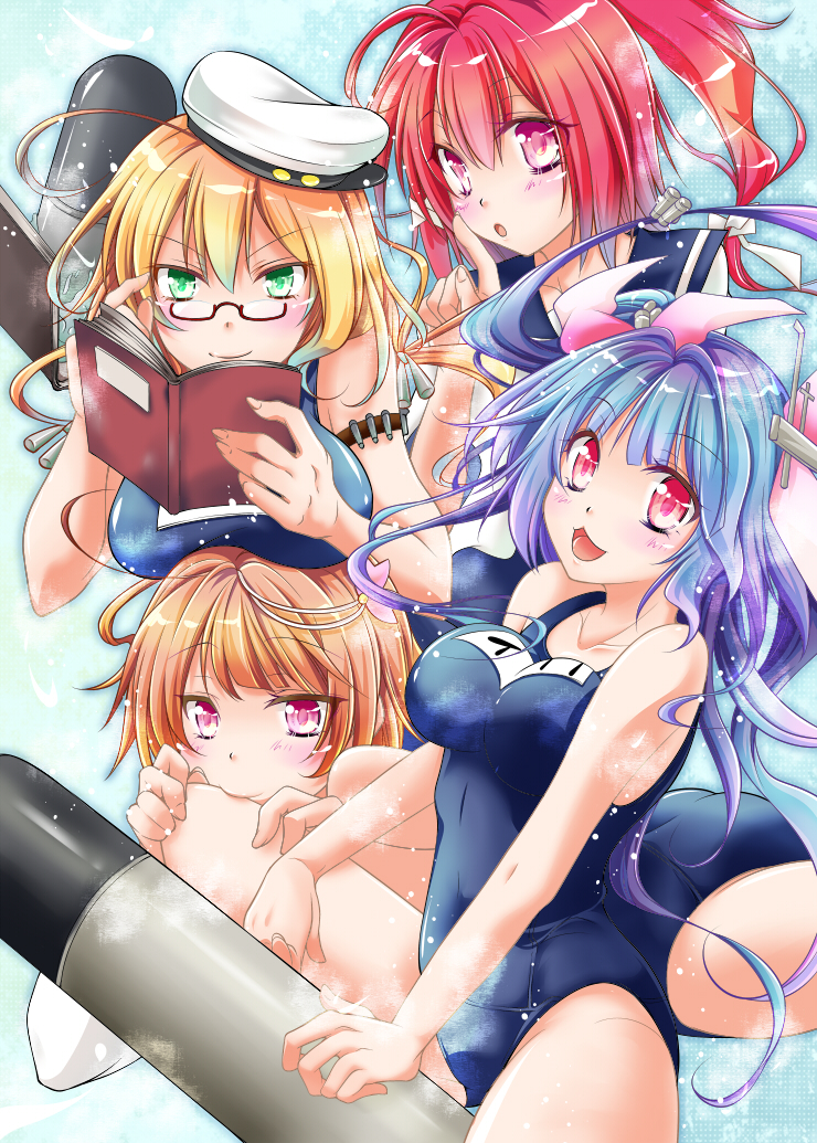 4girls blonde_hair blue_hair book bow green_eyes hair_bow hat i-168_(kantai_collection) i-19_(kantai_collection) i-58_(kantai_collection) i-8_(kantai_collection) kantai_collection multicolored_hair multiple_girls one-piece_swimsuit personification red_eyes redhead school_uniform swimsuit torpedo twintails two-tone_hair