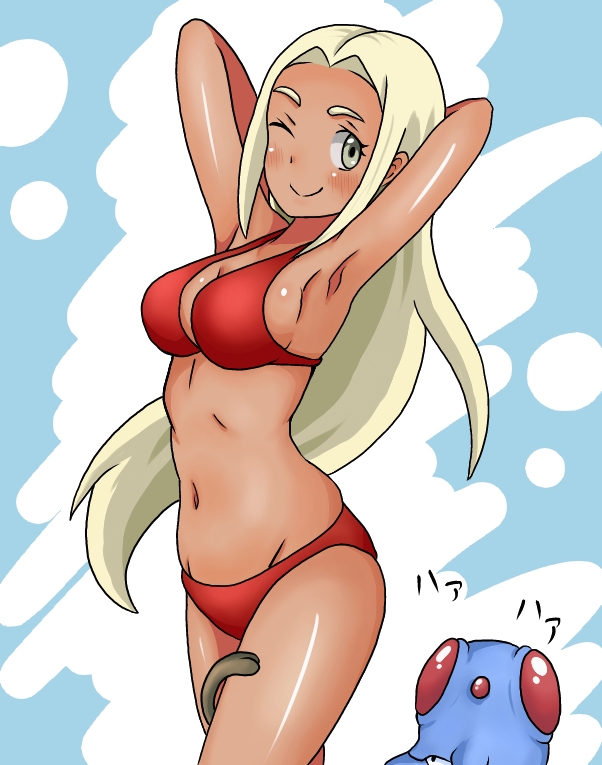 1girl arms_up bikini blonde_hair green_eyes kawauso_(hutomomo-4869) pokemon pokemon_(game) pokemon_xy swimmer_(pokemon) swimsuit tan tentacool