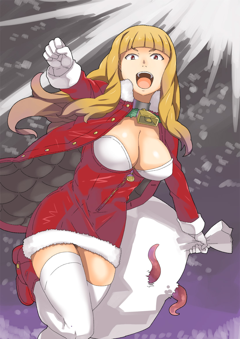 1girl bangs bell blonde_hair blunt_bangs boots breasts christmas cleavage collar cow_bell dress foreshortening gloves jack_hamster large_breasts long_hair magical_grim original red_eyes sack santa_costume solo tentacles thighhighs zettai_ryouiki