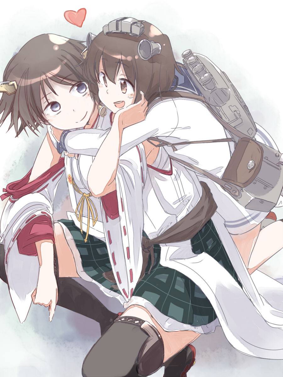 2girls bare_shoulders black_legwear blue_eyes blush brown_eyes brown_hair detached_sleeves hair_ornament hairband headgear heart hiei_(kantai_collection) highres japanese_clothes kantai_collection multiple_girls nontraditional_miko norata_(artist) open_mouth personification plaid sailor_dress short_hair sitting skirt smile thighhighs torpedo turret yukikaze_(kantai_collection)