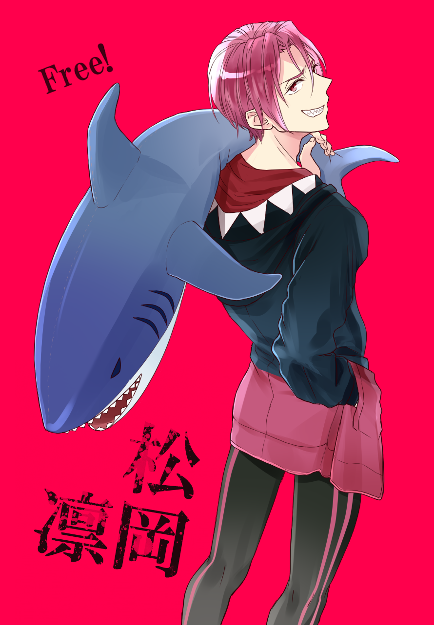 1boy character_name copyright_name free! highres jacket jammers looking_back male matsuoka_rin red_eyes redhead shark sharp_teeth short_hair smile swimsuit