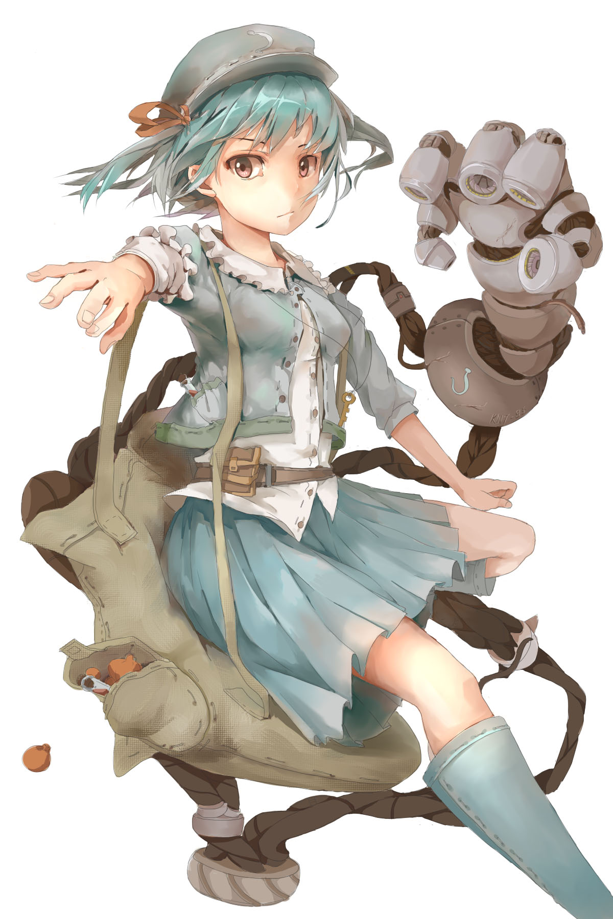 1girl backpack bag blue_eyes blue_hair boots combination_wrench extra_arms gensou_kuro_usagi hair_bobbles hair_ornament hat highres kawashiro_nitori key machine mechanical_arm pocket rubber_boots shirt short_sleeves short_twintails skirt skirt_set solo touhou twintails wrench