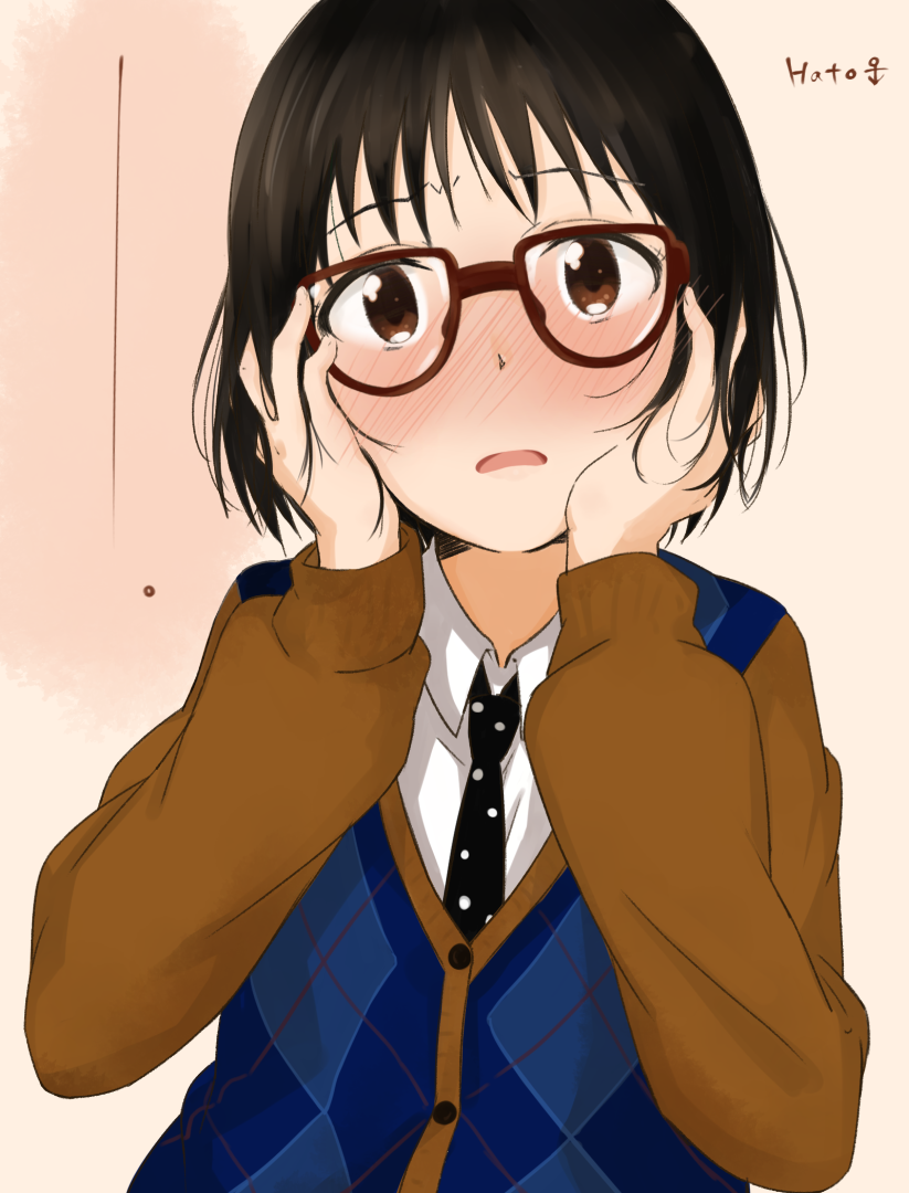 1boy black_hair blush brown_eyes crossdressinging genshiken glasses hato_kenjirou machahiro_(shiitake) male necktie short_hair solo sweater trap