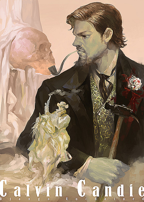 1boy beard blood bloody_clothes brown_hair calvin_candie corsage django_unchained facial_hair formal hammer pipe profile realistic riko233 skull smoking solo suit