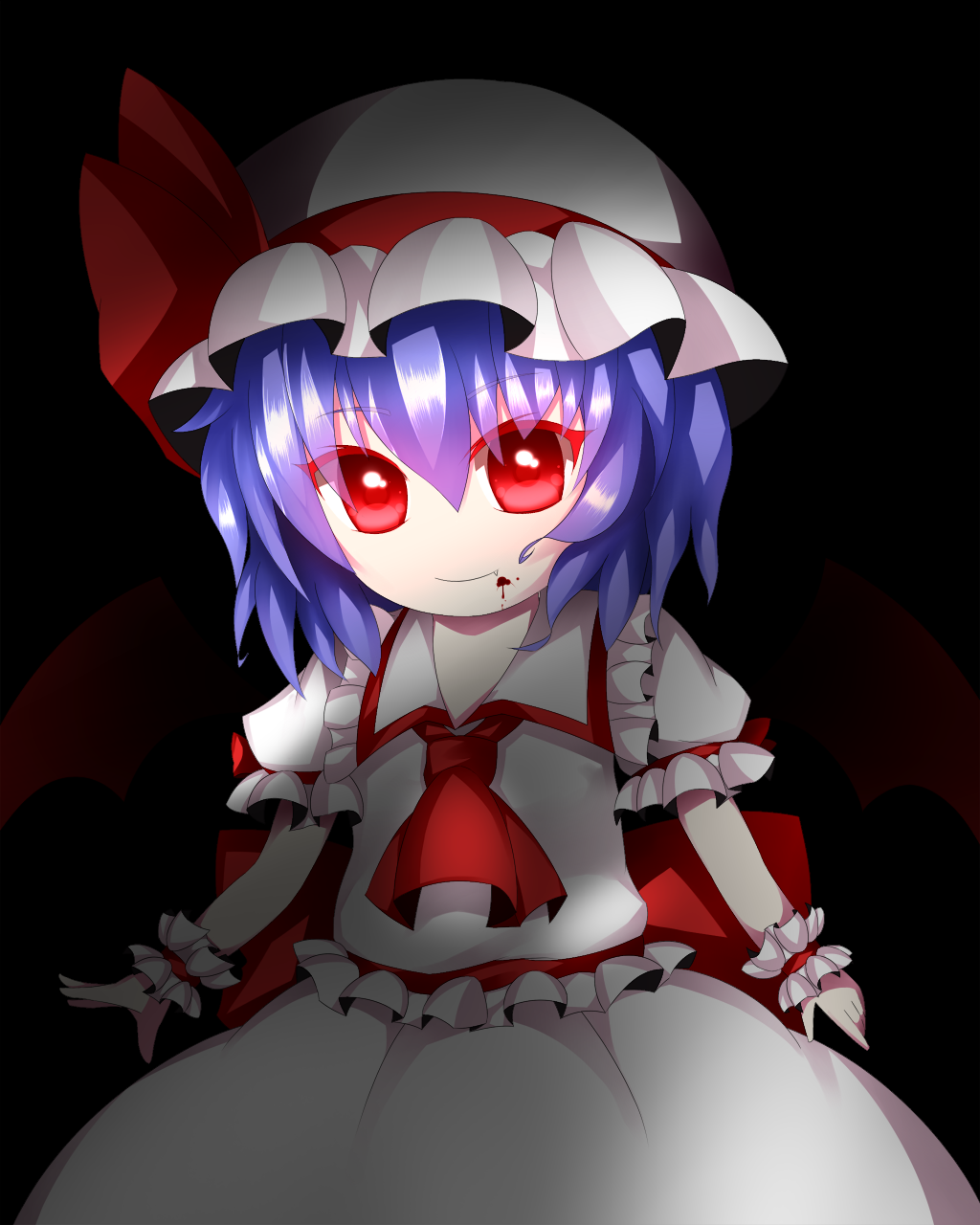 1girl amenomurakumo26 ascot bat_wings black_background blood blood_on_face blouse blue_hair bow collared_shirt cowboy_shot dress facing_viewer fang frilled_dress frilled_hat frilled_shirt frilled_sleeves frills glowing glowing_eyes hair_between_eyes hat hat_bow hat_ribbon highres large_bow looking_at_viewer mob_cap puffy_sleeves red_eyes remilia_scarlet ribbon shadow short_sleeves simple_background skirt skirt_set smile solo touhou wings wrist_cuffs
