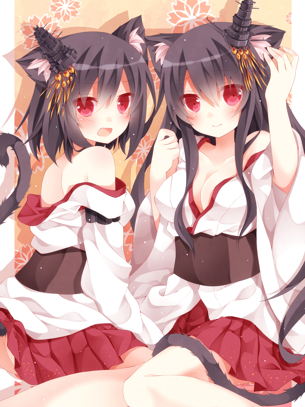 2girls ass bare_shoulders black_hair blush breasts cat_tail cleavage collarbone fang fusou_(kantai_collection) hair_ornament highres kantai_collection kemonomimi_mode long_sleeves looking_at_viewer mog_(artist) multiple_girls no_panties off_shoulder open_mouth personification red_eyes sash shirt sitting skirt tail turning yamashiro_(kantai_collection)