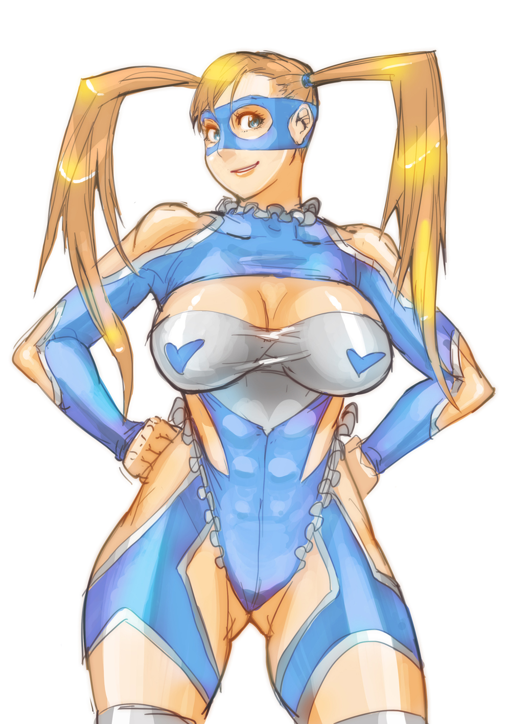 1girl abs bare_shoulders blonde_hair blue_eyes breasts butcherboy cleavage hands_on_hips heart highres knee_pads large_breasts leotard lips long_hair mask rainbow_mika rough smile solo street_fighter street_fighter_zero_3 twintails wrestling_mask wrestling_outfit