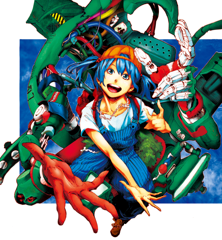 1girl alternate_costume alternate_hairstyle backpack bag belt chain_necklace extra_arms gloves kawashiro_nitori key looking_at_viewer machine mechanic mechanical_arms open_mouth overalls pants pocket pointing savan shirt shoes smile solo tools touhou utility_belt