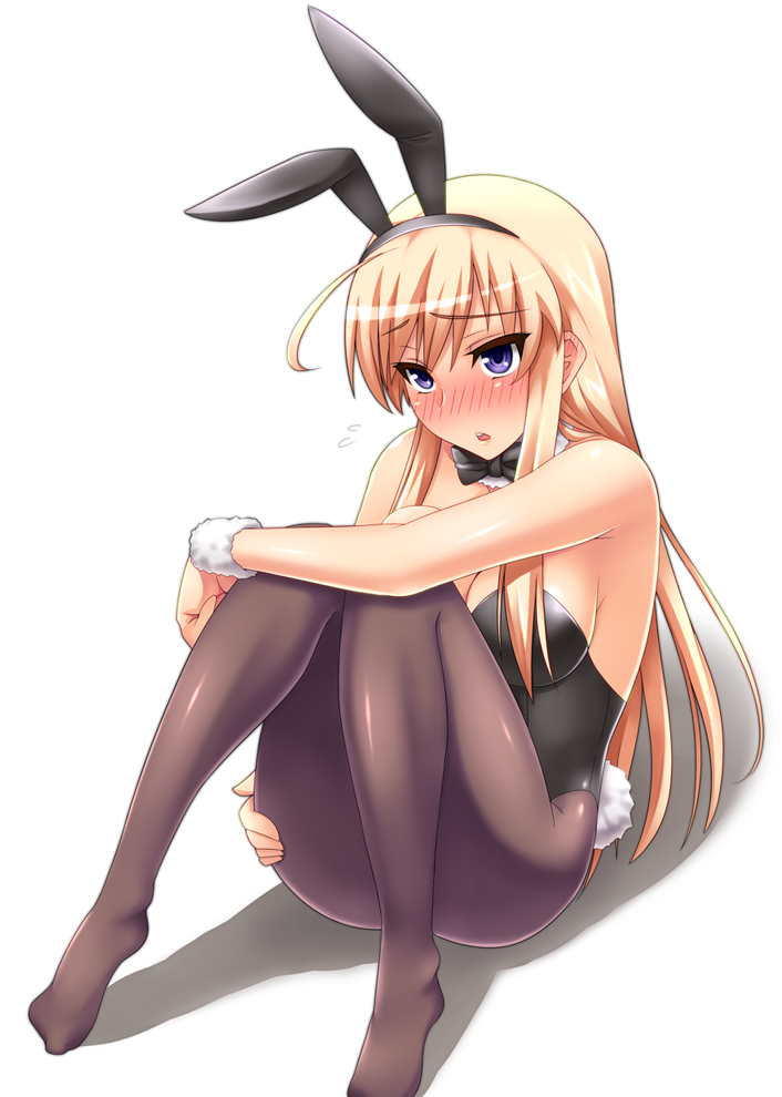 1girl ahoge animal_ears bare_shoulders black_legwear blonde_hair blush bowtie breasts bunny_tail bunnysuit detached_collar fake_animal_ears flying_sweatdrops hanna-justina_marseille large_breasts leotard long_hair pantyhose rabbit_ears sitting solo strike_witches surume_(clavis) tail violet_eyes