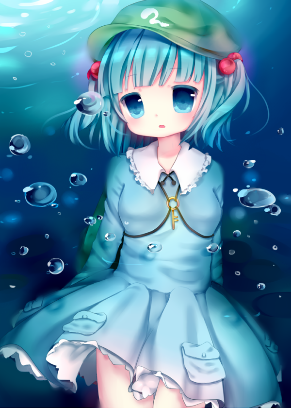 1girl backpack bag blue_eyes blue_hair bubble dress hair_bobbles hair_ornament hat kawashiro_nitori key long_sleeves looking_at_viewer nachi open_mouth pocket shirt short_hair short_twintails skirt skirt_set solo sunlight touhou twintails underwater wet wet_clothes