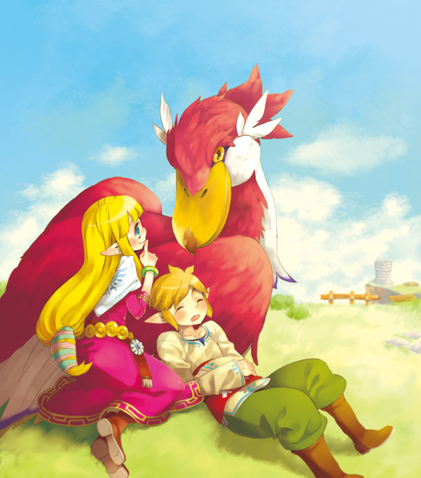 1boy 1girl blonde_hair blue_eyes blush bracelet jewelry link loftwing long_hair mitsubachi_koucha nintendo pointy_ears princess_zelda skyward_sword sleeping smile the_legend_of_zelda