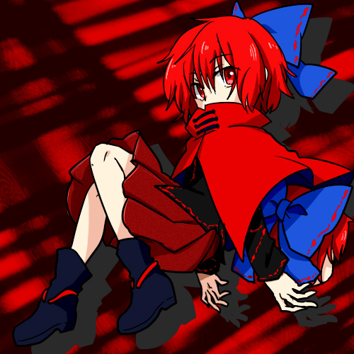1girl bow capelet disembodied_head gimicalmas hair_bow head_hold holding_head large_bow lowres red_eyes redhead sekibanki short_hair touhou