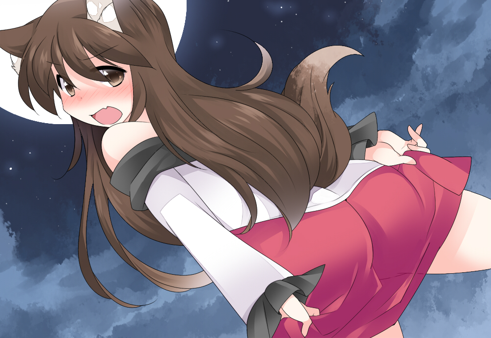 1girl animal_ears ass bare_shoulders blush brooch brown_eyes brown_hair commentary_request dress fang full_moon hammer_(sunset_beach) imaizumi_kagerou jewelry long_hair long_sleeves looking_at_viewer looking_back moon night night_sky open_mouth red_eyes skirt sky solo tail touhou wide_sleeves wolf_ears wolf_tail