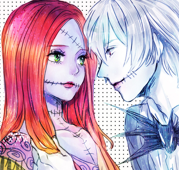 1boy 1girl green_eyes jack_skellington lavender_skin lipstick looking_at_another makeup pale_skin profile red_lipstick redhead sally_(nbc) scar the_nightmare_before_christmas white_hair yokotn