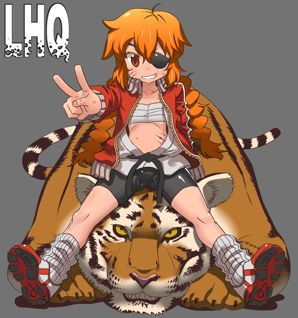 1girl ahoge bike_shorts black_bike_shorts blood braid character_request dougi eyepatch flat_chest grey_background long_hair loose_socks matsuda_yuusuke open_clothes open_jacket orange_eyes orange_hair sarashi scar shoes sitting_on_animal sneakers socks sweat tiger track_jacket twin_braids v