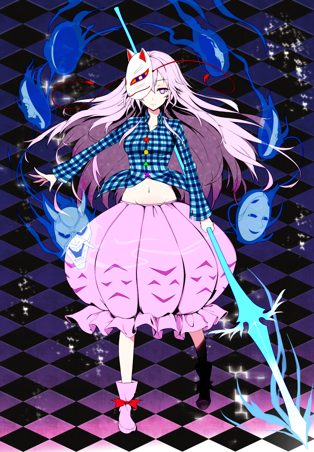 1girl aura blouse blue_fire boots bubble_skirt checkered checkered_shirt expressionless fire fox_mask frilled_skirt frills hannya hata_no_kokoro highres light_trail long_hair long_sleeves looking_at_viewer mask midriff naginata navel noh_mask oni_mask pink_eyes pink_hair plaid plaid_shirt polearm shoes skirt solo star touhou triangle weapon