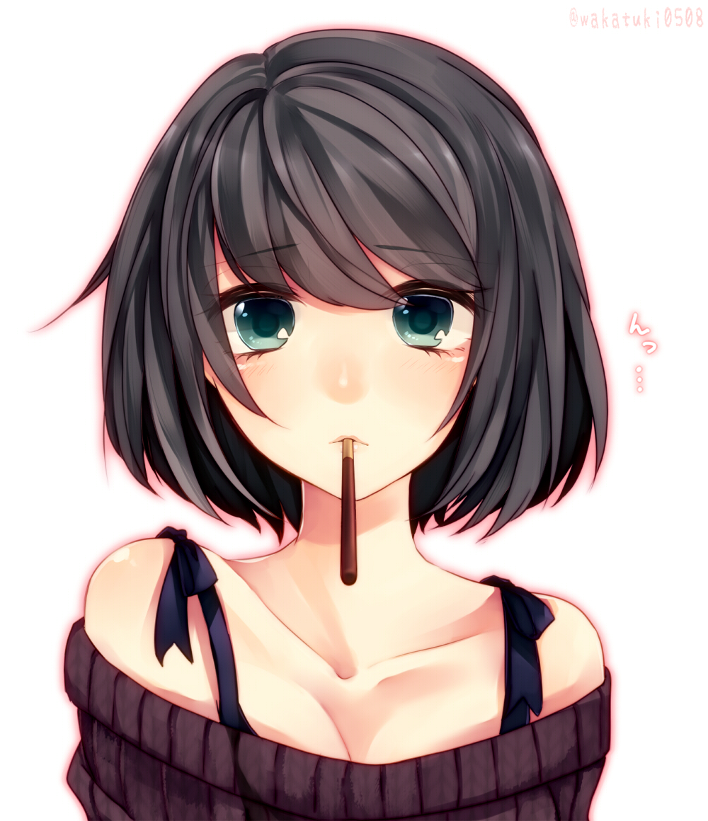 1girl bare_shoulders black_hair collarbone green_eyes mouth_hold original pocky short_hair simple_background solo wakatsuki_you white_background