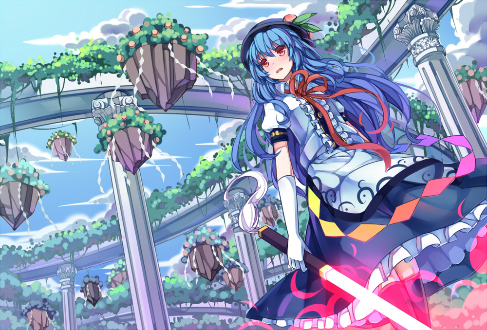 1girl blue_hair blue_sky blush clouds elbow_gloves floating_rocks food fruit gloves glowing glowing_sword glowing_weapon hat hinanawi_tenshi koxo-01 long_hair long_skirt open_mouth peach pillar pink_eyes puffy_sleeves shirt short_sleeves skirt sky solo sword_of_hisou touhou very_long_hair weapon white_gloves