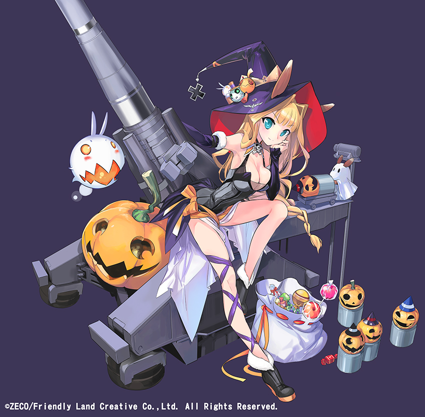 1girl aa_gun aqua_eyes artillery bare_shoulders blonde_hair boots braid breasts candy cleavage detached_collar fur_trim german ghost hair_intakes hat jack-o'-lantern large_breasts leg_up long_hair purple_background sack shell simple_background solo witch_hat zeco
