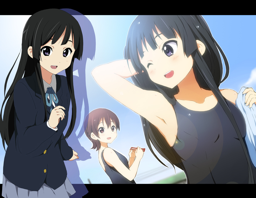 2girls akiyama_mio arm_behind_head black_eyes black_hair blush brown_eyes brown_hair female glasses glasses_removed hime_cut k-on! kisuke_(akutamu) lens_flare letterboxed long_hair manabe_nodoka multiple_girls open_mouth school_swimsuit school_uniform solo swimsuit towel