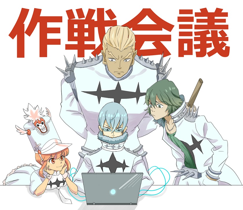 blonde_hair blue_eyes blue_hair gamagoori_ira glasses green_eyes green_hair hat inumuta_houka jacket jakuzure_nonon kill_la_kill necktie pink_eyes pink_hair sanageyama_uzu shinai smile sword uniform weapon