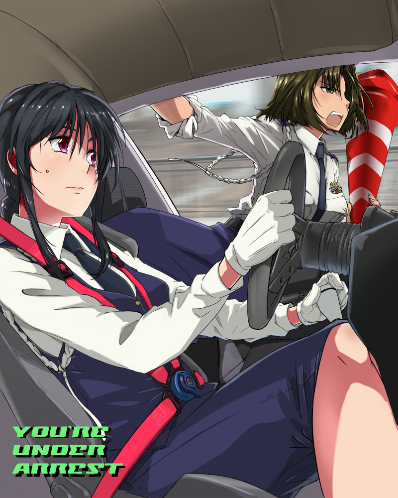 2girls black_hair braid brown_hair gloves green_eyes kobayakawa_miyuki long_hair maabou multiple_girls police police_uniform policewoman red_eyes seatbelt short_hair steering_wheel traffic_cone tsujimoto_natsumi uniform you're_under_arrest