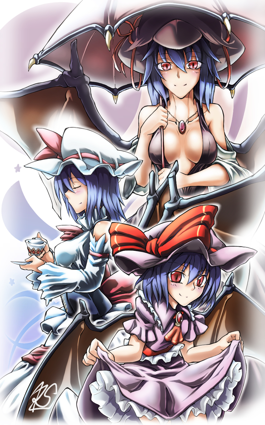 1girl age_progression ascot bare_shoulders bat_wings black_dress blue_hair bow breasts brooch child closed_eyes collarbone cup curtsey detached_sleeves dress hat hat_bow highres jewelry long_sleeves looking_at_viewer necklace no_bra older parasol pendant red_eyes remilia_scarlet revealing_clothes ryuuno_stadtfeld sash short_sleeves smile solo teacup touhou umbrella violet_eyes wings younger