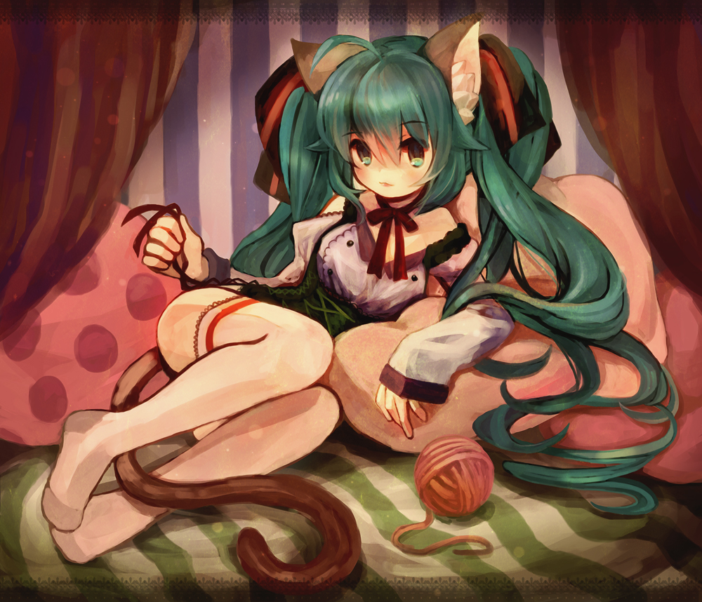 1girl ahoge animal_ears arm_support cat_ears cat_tail detached_sleeves green_eyes green_hair hatsune_miku long_hair solo striped striped_background tail thighhighs twintails very_long_hair vocaloid yarnball yukimochi
