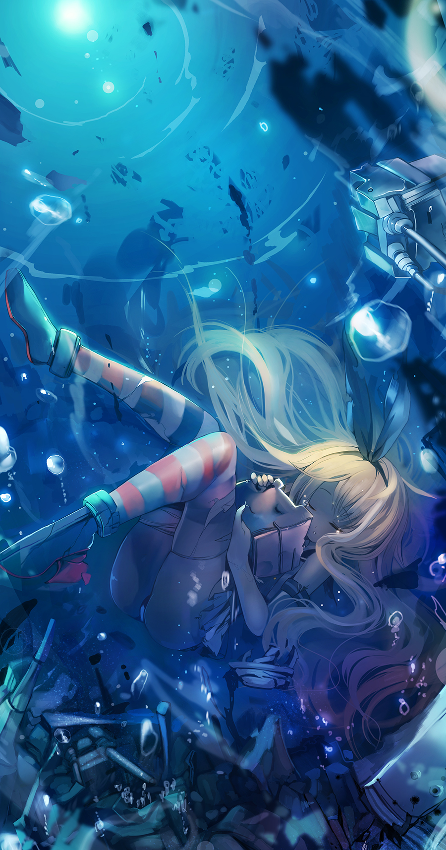 1girl black_panties blonde_hair boots bubble closed_eyes fuyouchu hairband highres kantai_collection long_hair panties personification rensouhou-chan shimakaze_(kantai_collection) sinking striped striped_legwear tears thighhighs torn_clothes torn_thighhighs underwater underwear