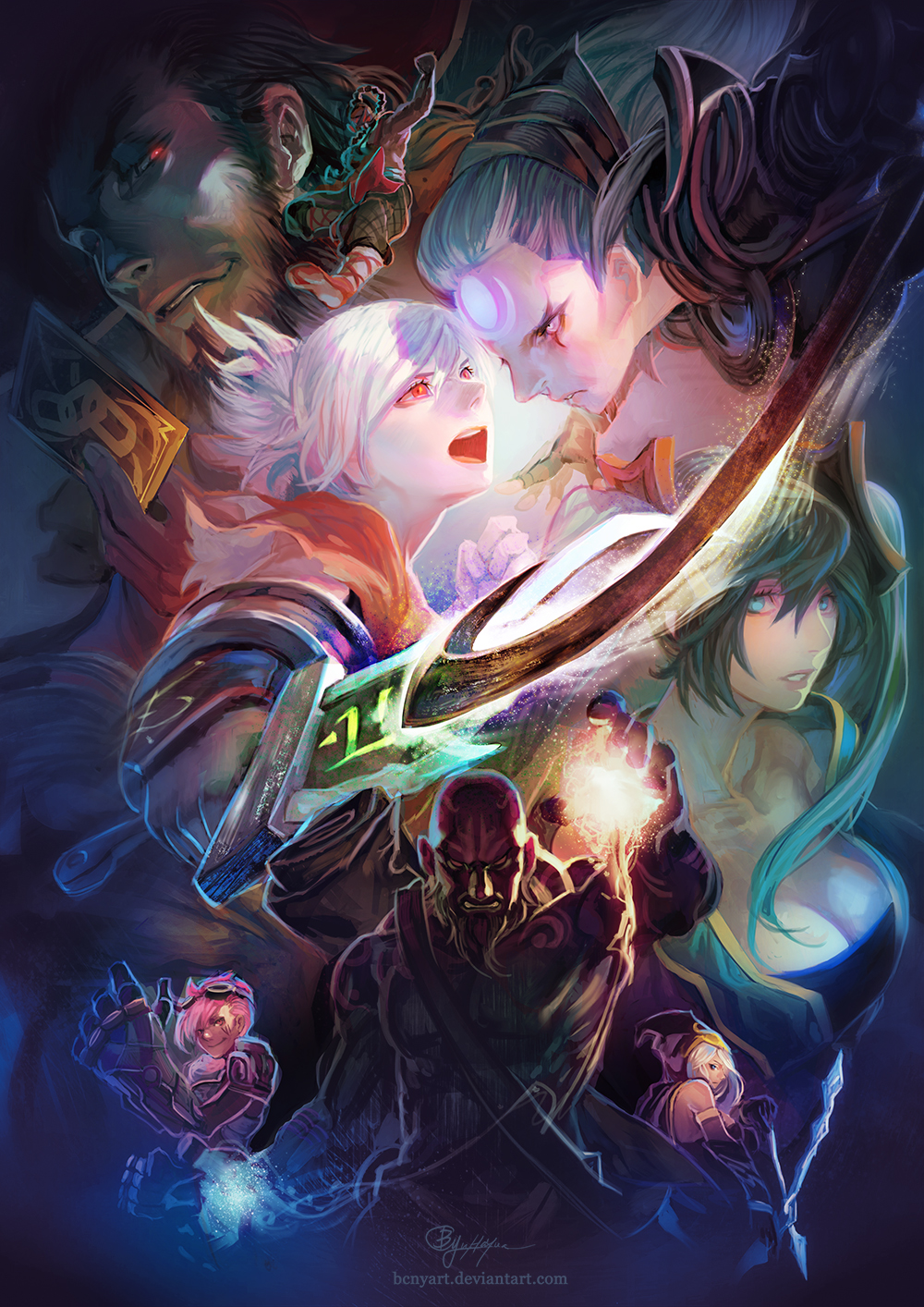 2boys 5girls ashe_(league_of_legends) b.c.n.y. beard blue_hair breasts card cleavage diana_(league_of_legends) facial_hair hat highres league_of_legends lee_sin long_hair multiple_boys multiple_girls pink_hair power_glove red_eyes riven_(league_of_legends) ryze short_hair sona_buvelle sword tattoo twisted_fate vi_(league_of_legends) weapon white_hair