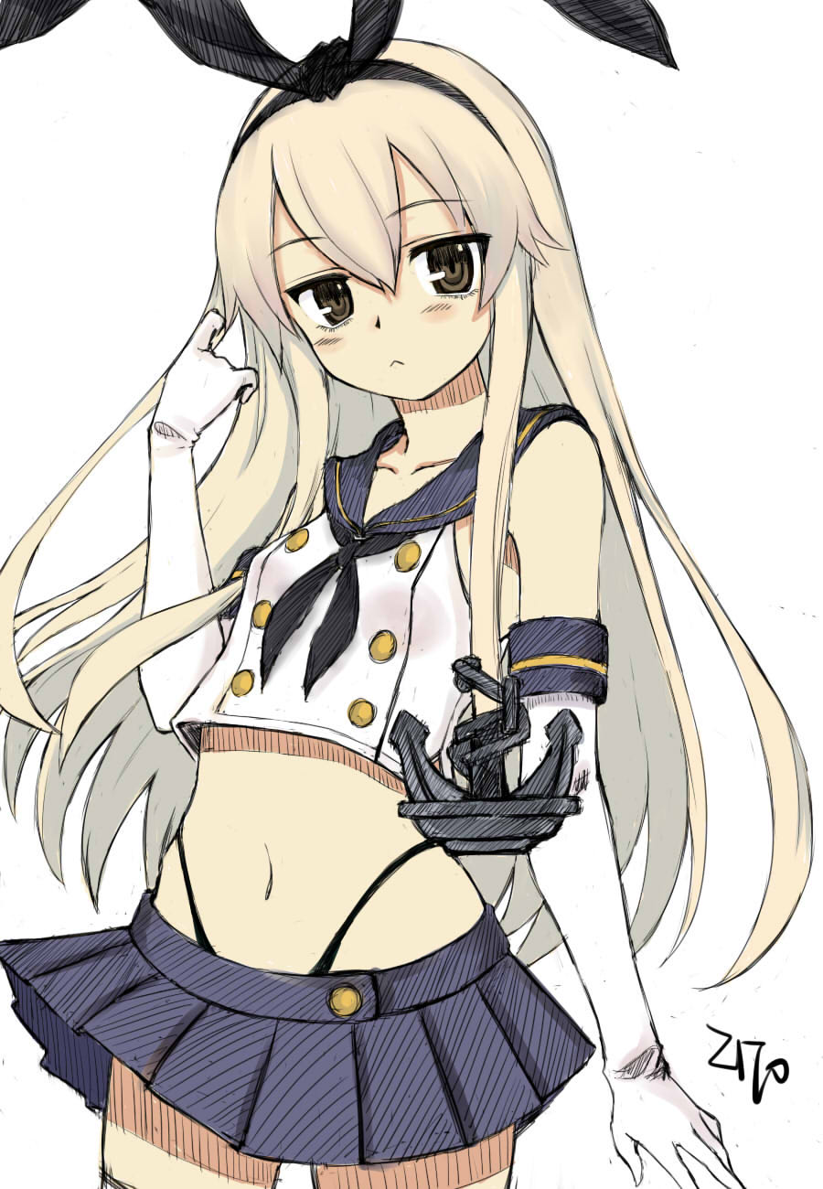 1girl anchor artist_name blonde_hair brown_eyes elbow_gloves gloves hairband highres kantai_collection long_hair navel personification shimakaze_(kantai_collection) simple_background sketch skirt solo white_background white_gloves xingnai