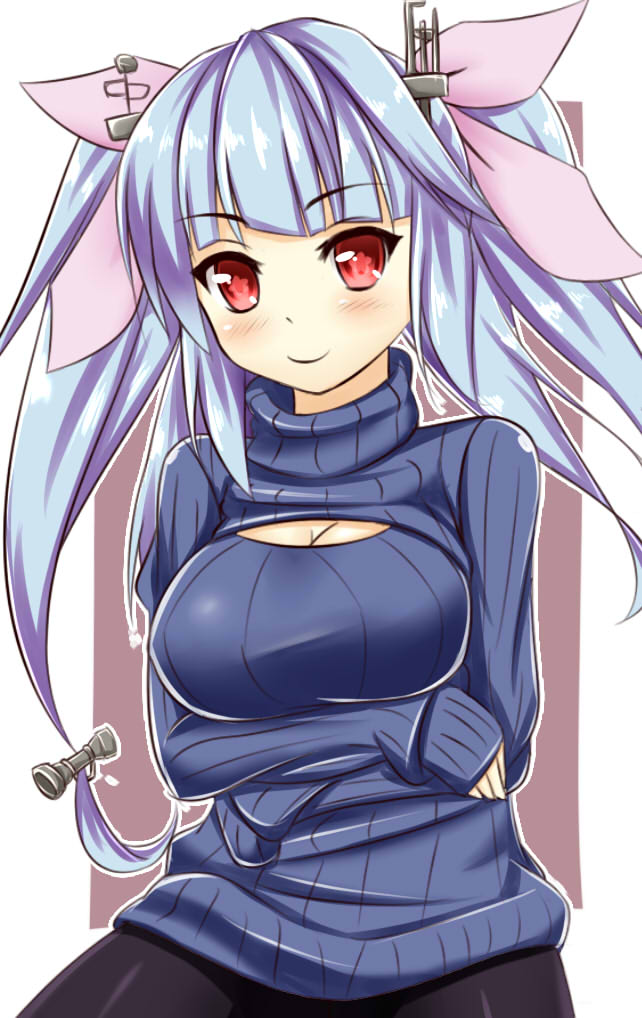 1girl alternate_costume aria_(okuda08808008) blue_hair blush breasts cleavage_cutout hair_ribbon i-19_(kantai_collection) kantai_collection large_breasts long_hair personification red_eyes ribbed_sweater ribbon smile solo star star-shaped_pupils sweater symbol-shaped_pupils turtleneck twintails