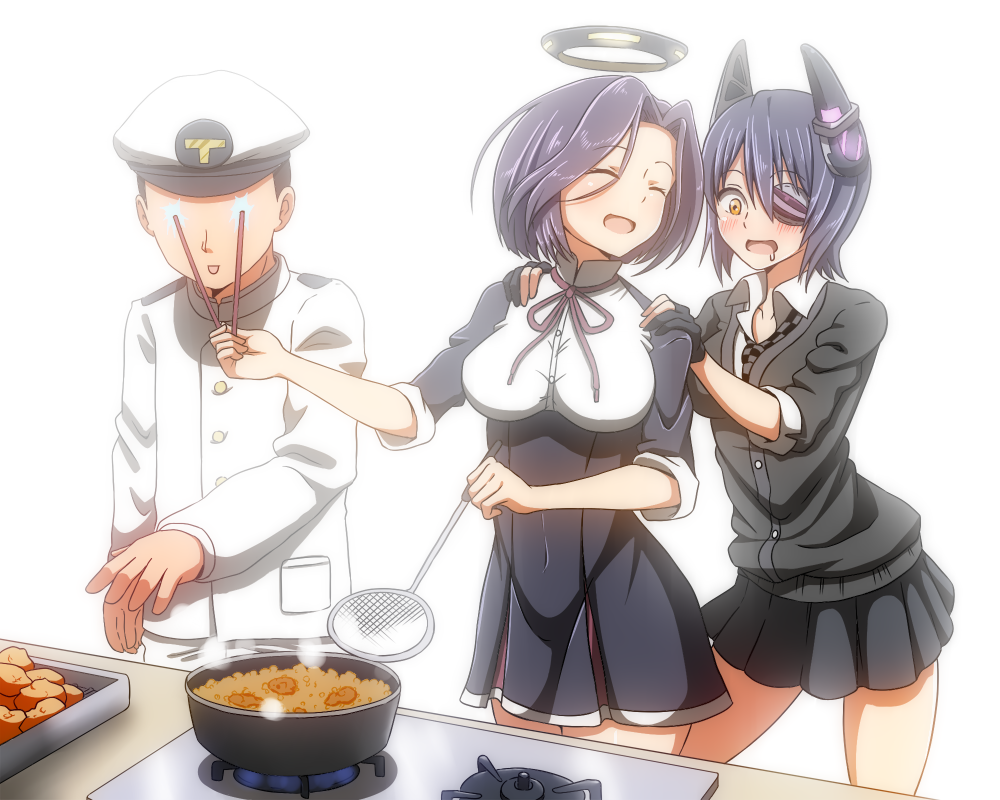 1boy 2girls admiral_(kantai_collection) checkered_necktie chopsticks closed_eyes cooking drooling eye_poke eyepatch faceless faceless_male fingerless_gloves fried_chicken gloves hands_on_another's_shoulders hat headgear kantai_collection mechanical_halo multiple_girls naval_uniform oil open_mouth personification poking purple_hair ribbon shinori short_hair sneaking_food stove tatsuta_(kantai_collection) tenryuu_(kantai_collection) yellow_eyes