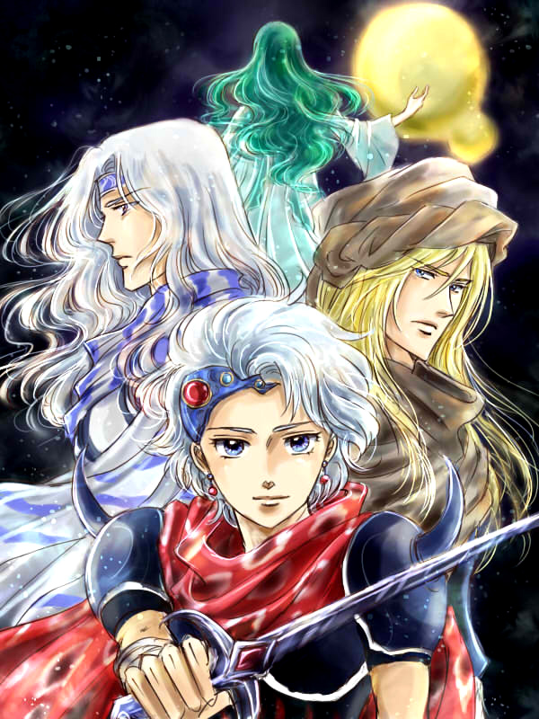 1girl 3boys armor blonde_hair blue_eyes cain_highwind cape cecil_harvey ceodore_harvey dress earrings final_fantasy final_fantasy_iv final_fantasy_iv_the_after green_hair hood jewelry maenad moon multiple_boys rffcq251 scarf silver_hair spikes sword weapon