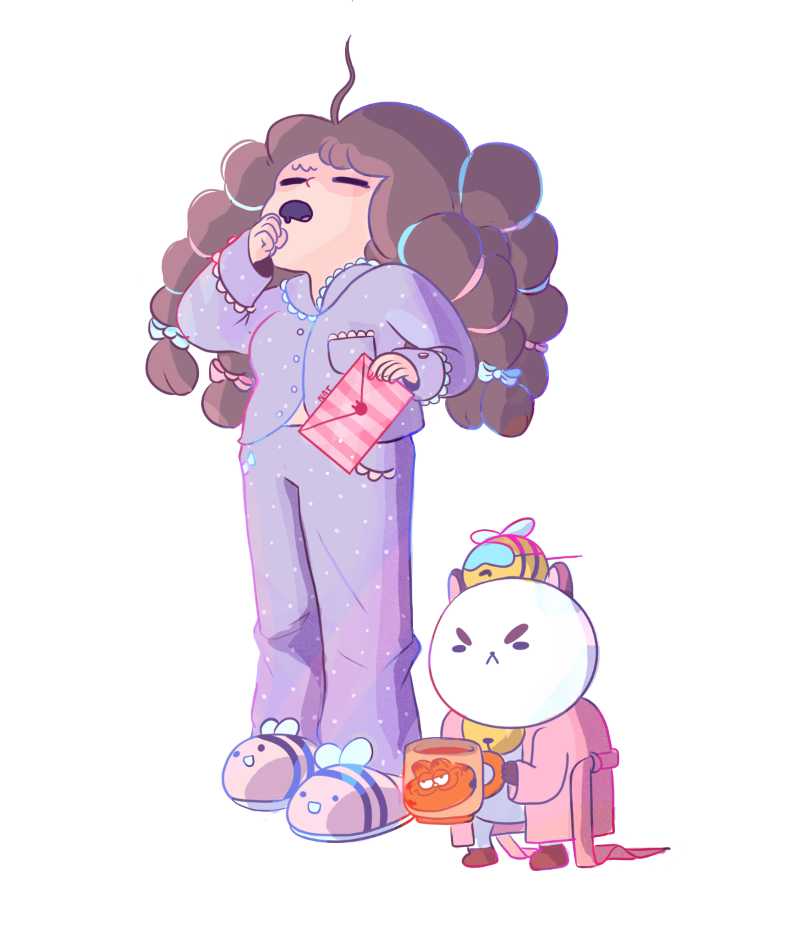 1girl :&lt; :d ahoge animal_on_head artist_name bee bee_(bee_and_puppycat) bee_and_puppycat bee_the_human_girl bell brown_hair closed_eyes envelope garfield garfield_(character) hair_ribbon jingle_bell long_hair natasha_allegri open_mouth pajamas puppycat ribbon robe simple_background slippers smile standing striped striped_pajamas tagme white_background yawning