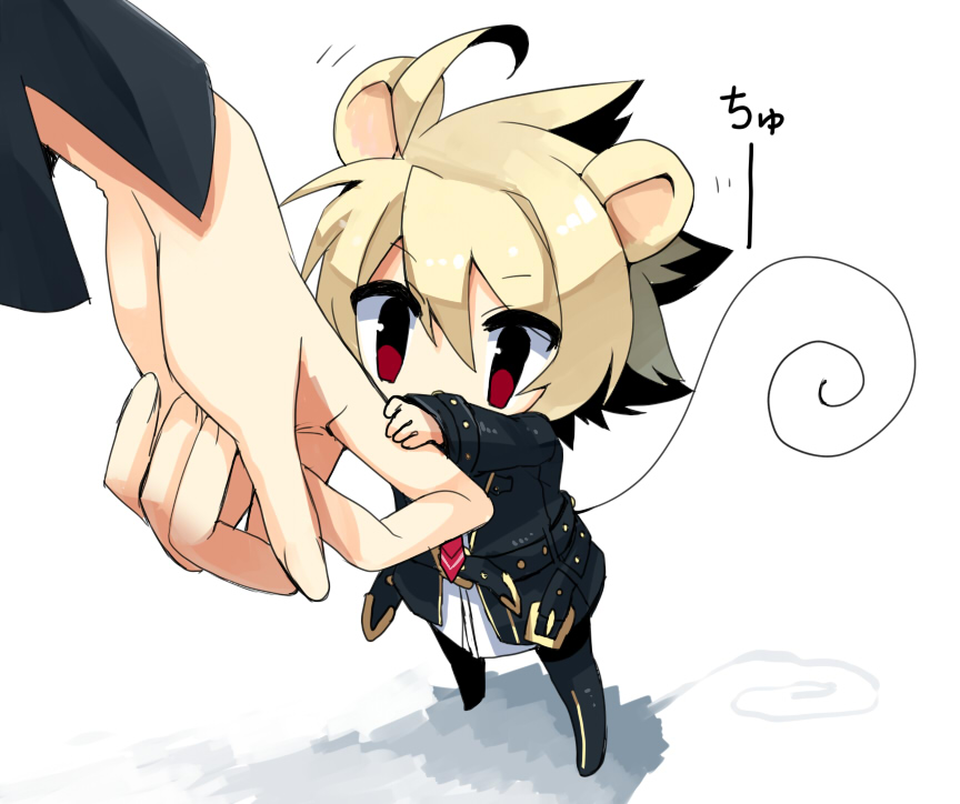 ahoge animal_ears black_hair blonde_hair chibi hyde_(under_night_in-birth) jacket kemonomimi_mode miniboy mouse_ears mouse_tail multicolored_hair red_eyes short_hair solo_focus tail two-tone_hair under_night_in-birth yusano