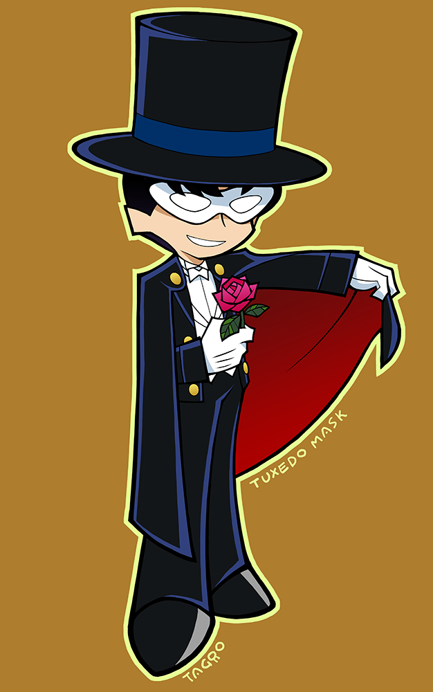 1boy artist_name black_hair cape character_name chiba_mamoru flower gloves hat male mask outline panty_&amp;_stocking_with_garterbelt parody parted_lips rose simple_background smile solo standing style_parody tagro top_hat tuxedo tuxedo_kamen