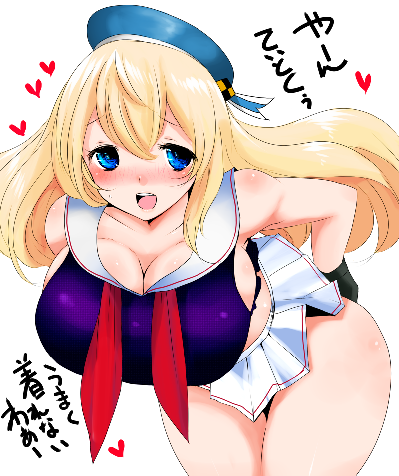 1girl atago_(kantai_collection) bare_shoulders blonde_hair blue_eyes breasts cleavage gloves han_(jackpot) huge_breasts kantai_collection simple_background solo thighs translation_request white_background