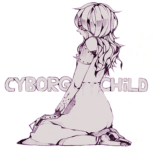 1girl cyborg dress english kneeling long_hair lowres monochrome red_eyes scp-191 scp_foundation seriko_(seo77000) solo