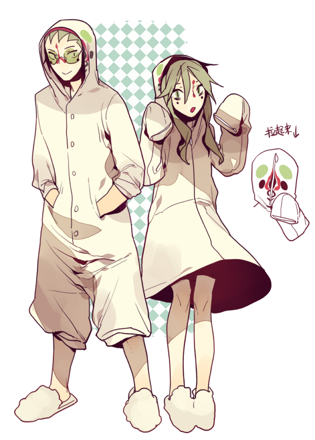 1boy 1girl :o checkered directional_arrow dress glasses green_eyes green_hair hands_in_pockets hooded hoodie humanization joychuo kurogomu long_sleeves looking_at_viewer open_mouth personification scp-173 scp_foundation sleeves_past_wrists slippers slit_pupils smile standing translation_request zipper