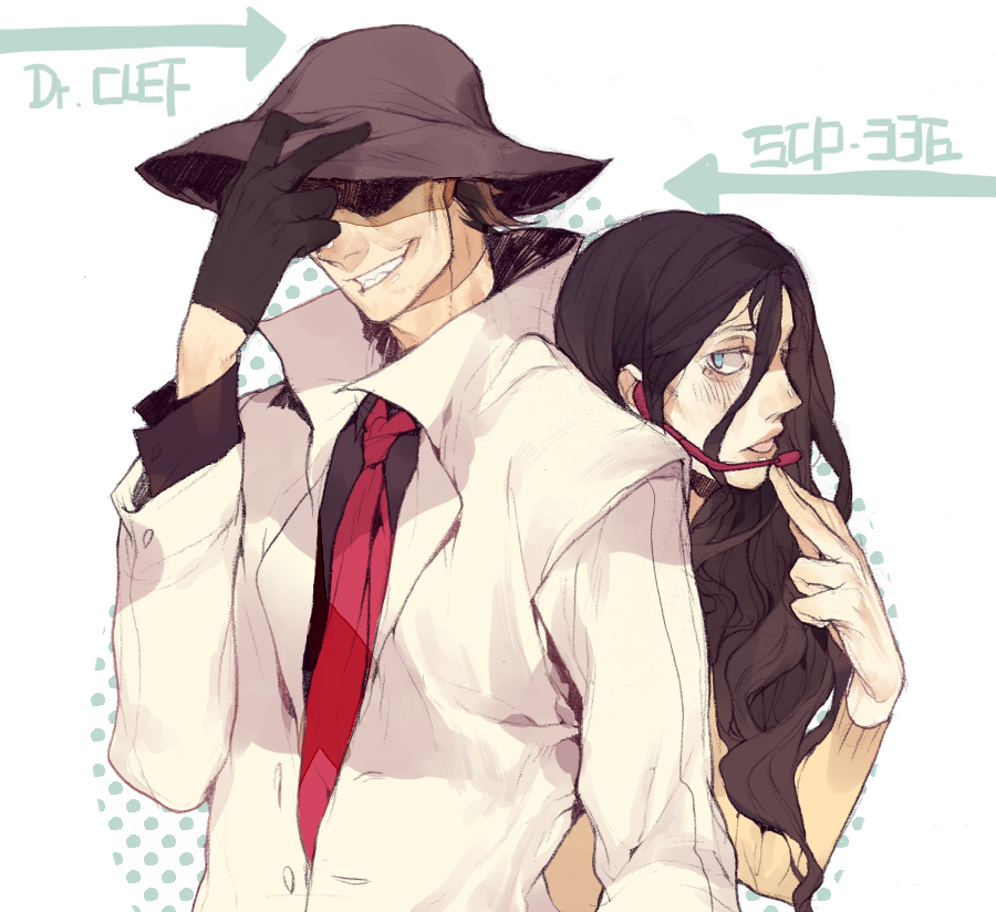 1boy 1girl alto_clef black_hair blue_eyes brown_hair character_name coat couple directional_arrow gloves grin hat_over_eyes headset height_difference joychuo kurogomu lips long_hair necktie open_mouth parted_lips popped_collar scp-336 scp_foundation sharp_teeth smile
