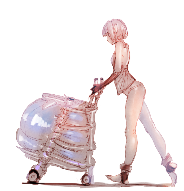 1girl ass barefoot bow_(bhp) gloves legs original pointy_ears simple_background solo stroller thighs white_background