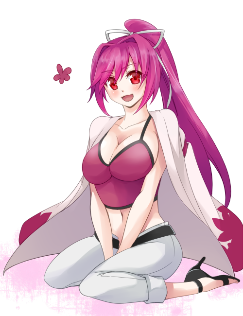 1girl blush breasts cleavage hair_intakes hair_ribbon haori high_heels japanese_clothes large_breasts long_hair midriff navel open_fly pants_rolled_up ponytail purple_hair red_eyes ribbon riko_(setsugetsuca) sitting smile solo stiletto_heels under_night_in-birth unzipped v_arms wariza yuzuriha_(under_night_in-birth)
