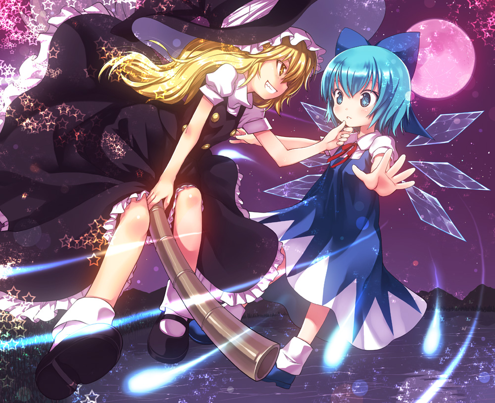 2girls black_dress blonde_hair blue_dress blue_eyes blue_hair bow broom broom_riding cirno danmaku dress flying_sweatdrops forest full_moon grin hair_bow hand_on_another's_chin hat ice ice_wings kiira kirisame_marisa lake moon mountain multiple_girls nature outstretched_arms puffy_sleeves red_moon shirt short_sleeves smile star touhou wings witch_hat yellow_eyes