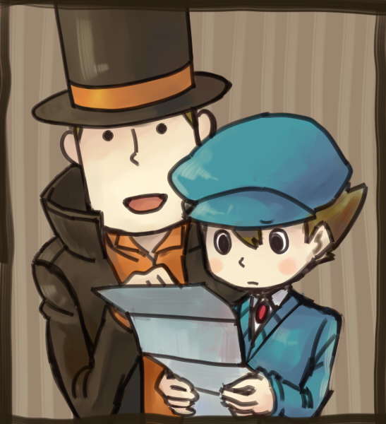 2boys blush_stickers cabbie_hat hat hershel_layton luke_triton multiple_boys professor_layton reading top_hat yusano