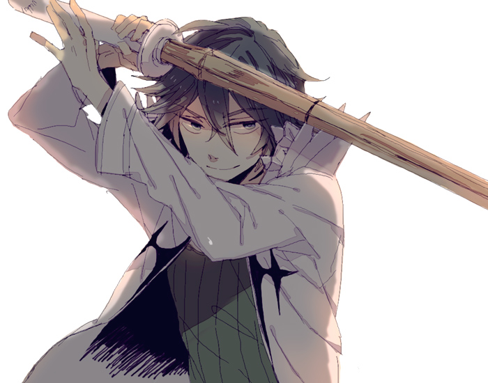 coat green_eyes green_hair kill_la_kill sanageyama_uzu shinai smile sword taki_(pixiv15599) uniform weapon