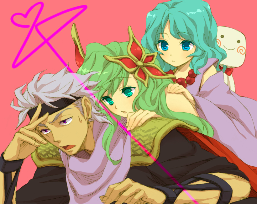 1boy 2girls blue_eyes blue_hair cape cuore edward_geraldine final_fantasy final_fantasy_iv final_fantasy_iv_the_after green_hair grey_hair hair_ornament headband hisohisou jewelry long_hair multiple_girls necklace rydia shoulder_pads violet_eyes whyt