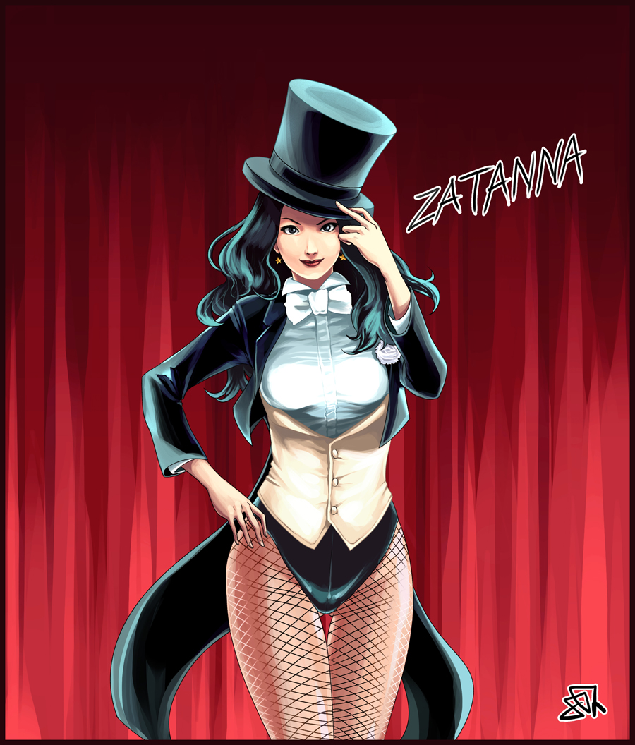 1girl adjusting_clothes adjusting_hat black_hair blue_eyes blush breasts character_name curtains dc_comics earrings fishnet_pantyhose fishnets flower hat jewelry leotard lipstick long_hair magician makeup pantyhose rose smile solo star top_hat white_rose zatanna_zatara