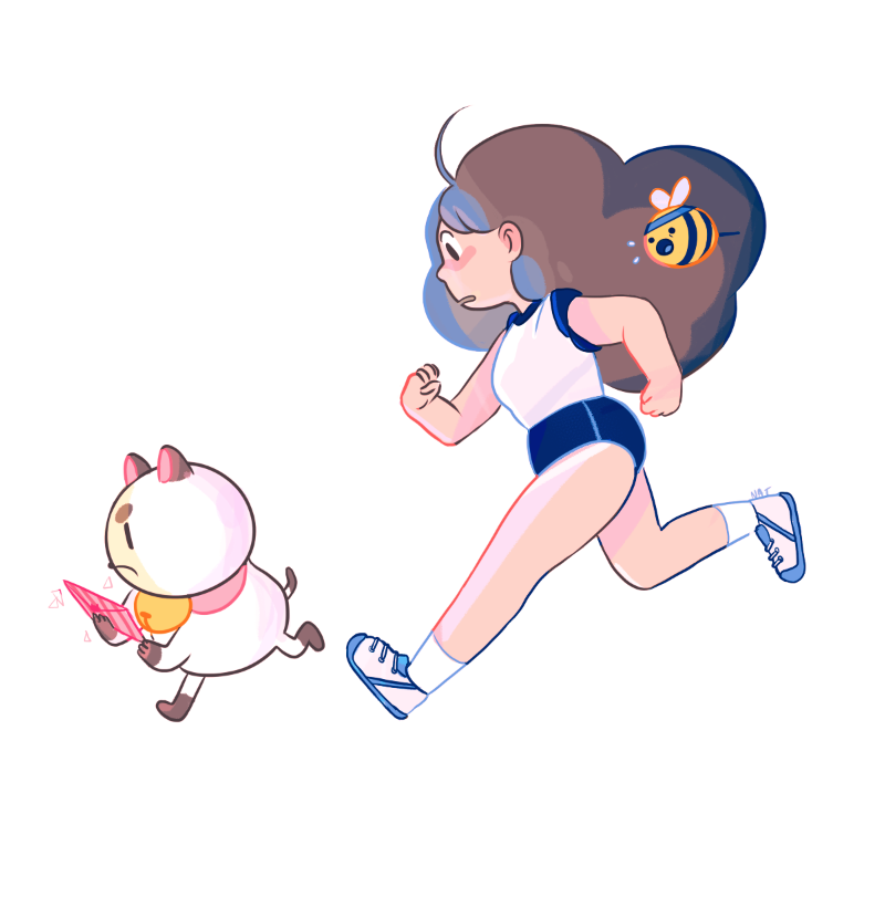 1girl ahoge artist_name bare_legs bee bee_(bee_and_puppycat) bee_and_puppycat bee_the_human_girl bell blue_shorts clenched_hands envelope flying_sweatdrops frown gym_shorts jingle_bell long_hair looking_at_another natasha_allegri open_mouth puppycat running shirt shoes shorts simple_background socks sweatband tagme white_background