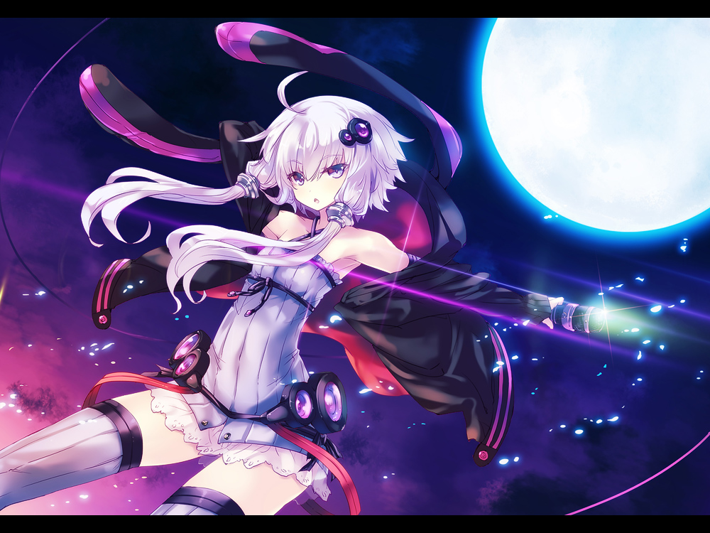 1girl blue_eyes blue_hair hood jacket long_hair moon skirt solo tokiame twintails vocaloid yuzuki_yukari